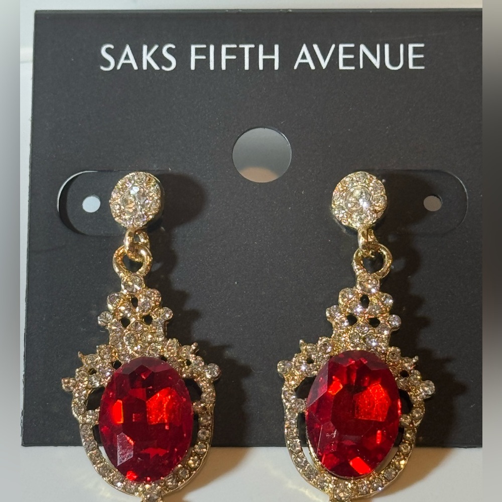 Saks Fifth Ave Gold Tone Red Crystal Post Dangle Earrings